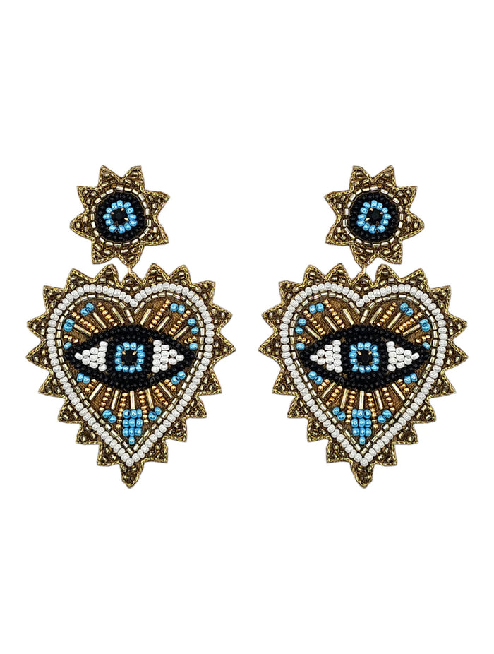 Statement Gold Beaded Eye and Heart Drop Earrings