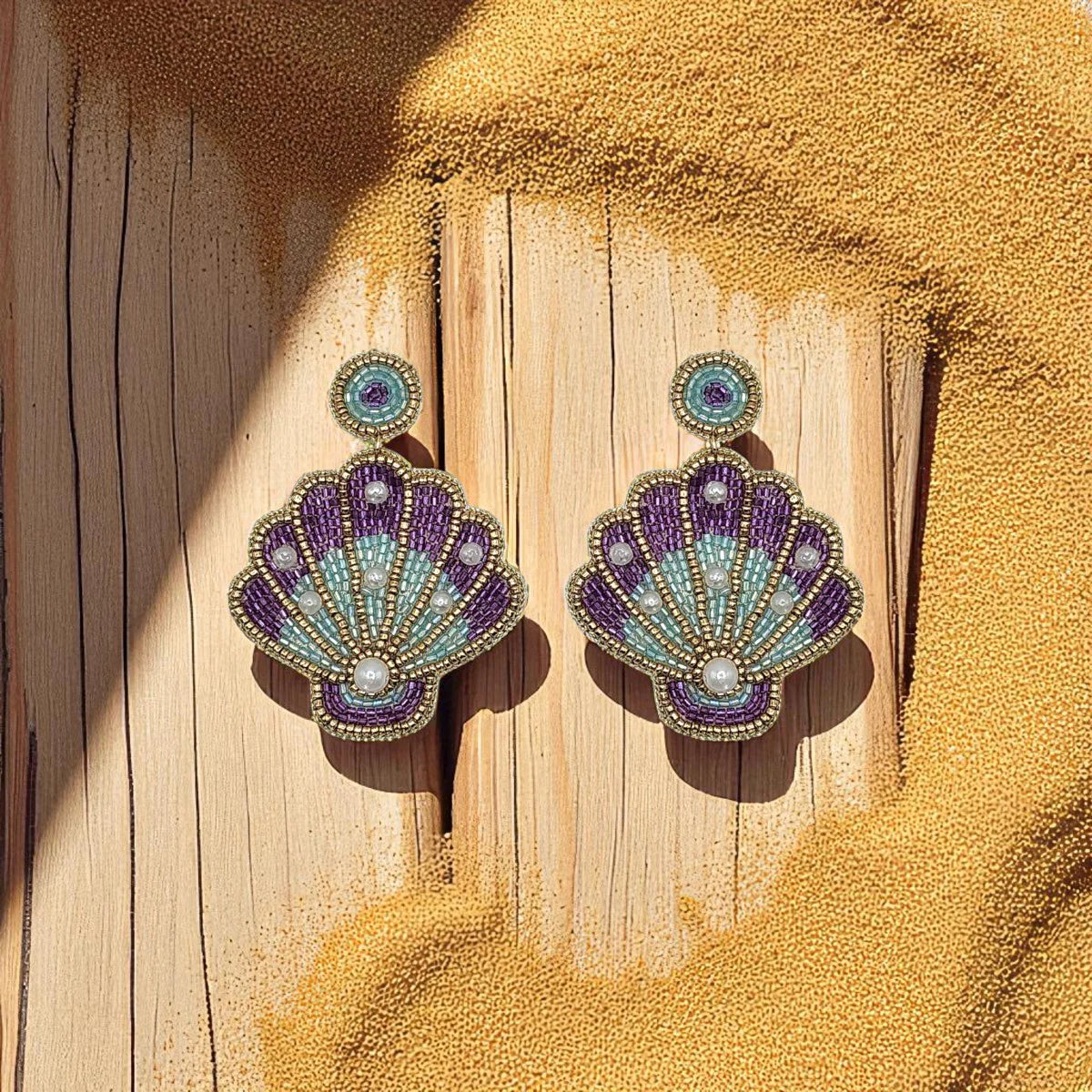 Mermaid Purple Ombre Embroidered Shell Earrings