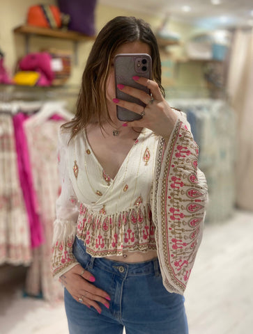 Ophelia Boho Embellished Wrap Top | Pink/White