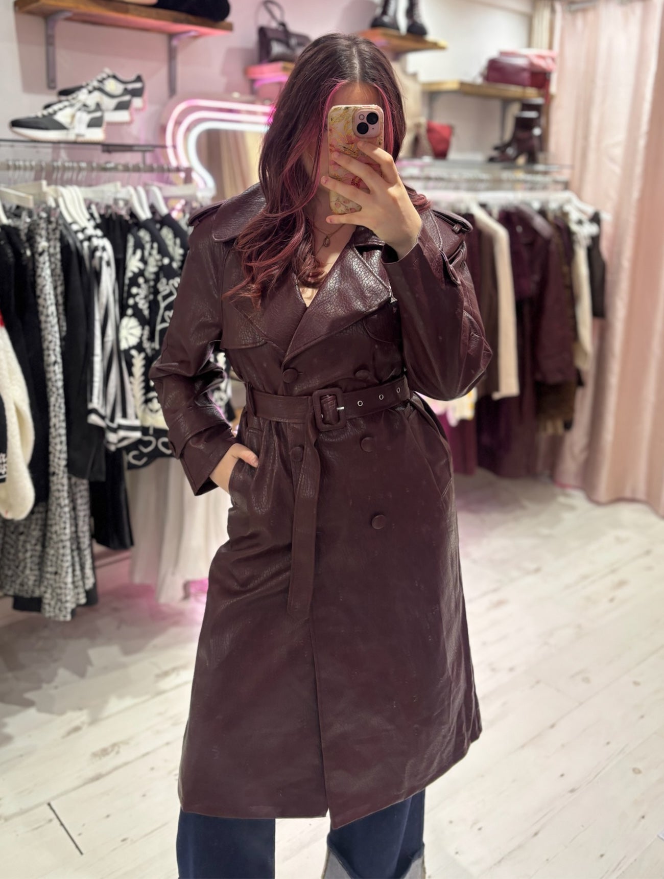 Faux Leather Belted Trench Coat | Deep Burgundy