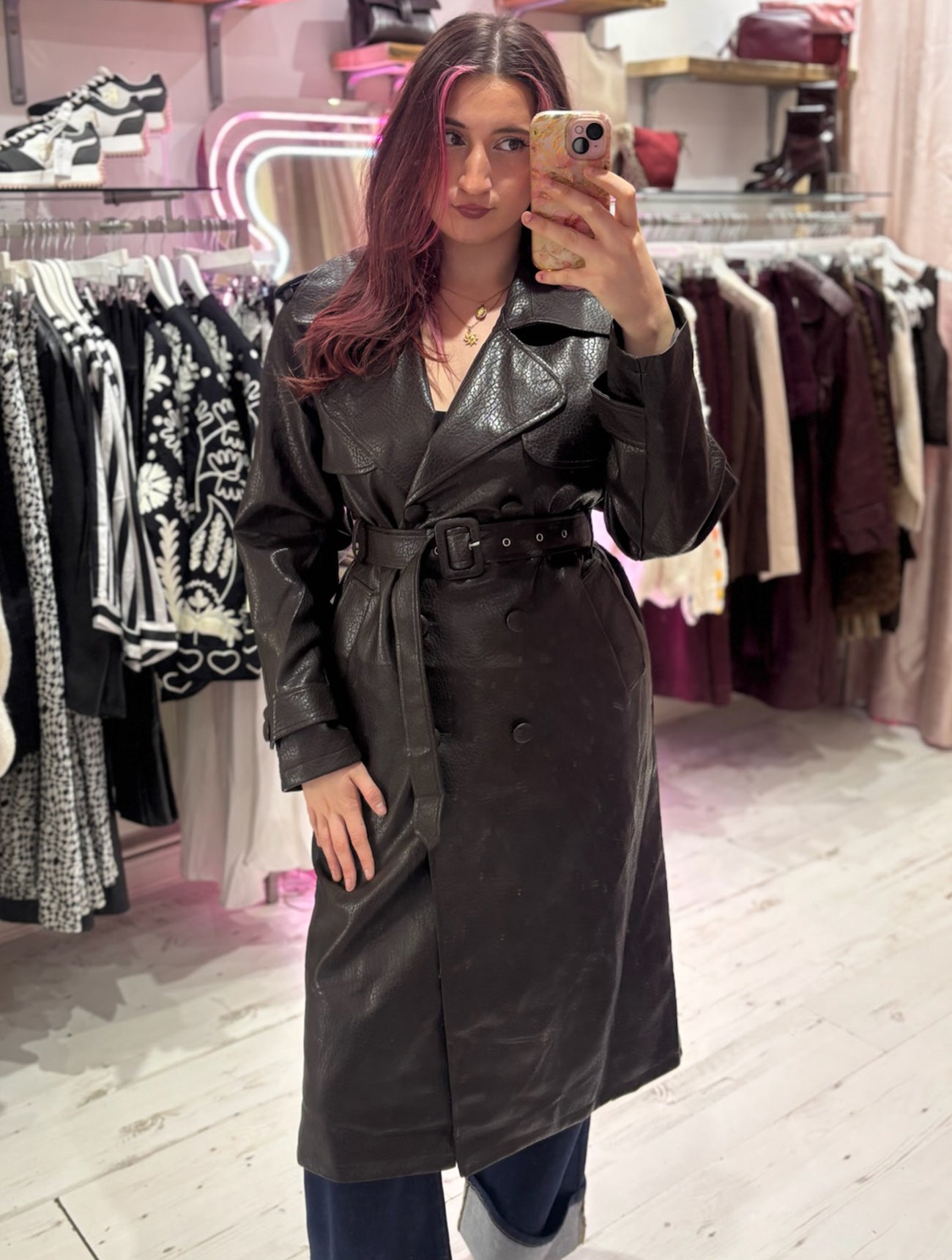 Faux Leather Belted Trench Coat | Deep Brown