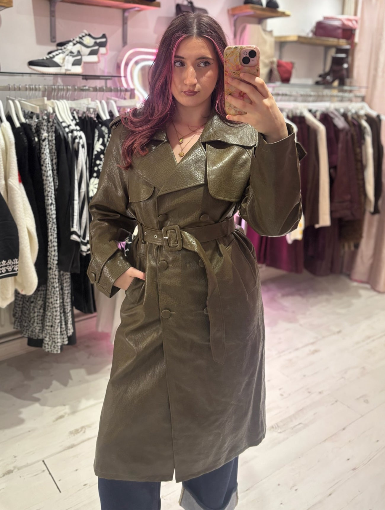 Faux Leather Belted Trench Coat | Olive Green