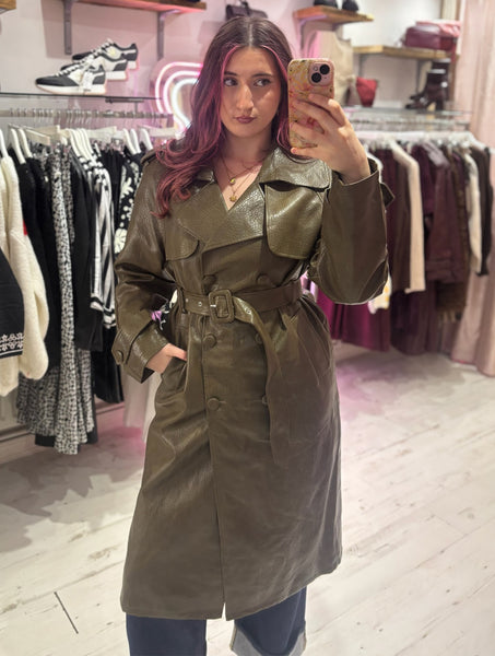 Faux Leather Belted Trench Coat | Olive Green