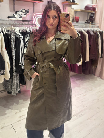 Faux Leather Belted Trench Coat | Olive Green