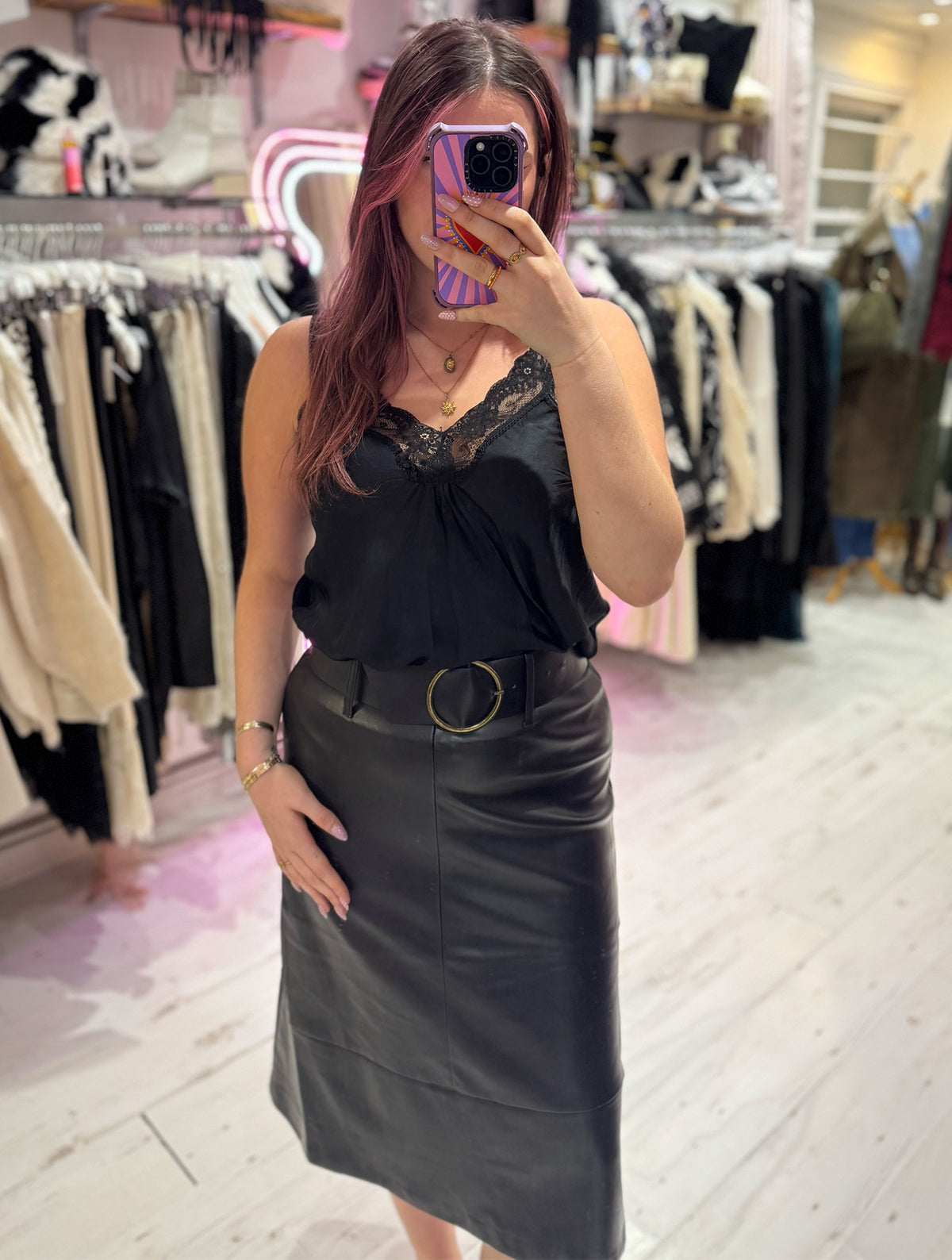 Faux Leather A-line Panel Skirt with Belt | Black