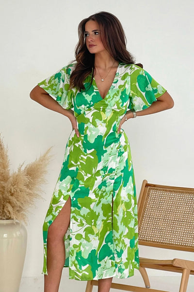 Levi Green Leaf Angel Sleeve Midi Dress
