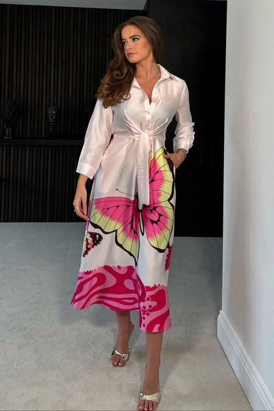 Isabella Butterfly Tie Front Shirt Dress | Pink Multi