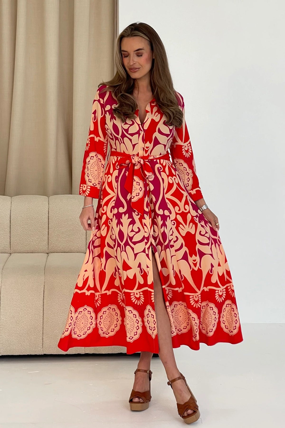 Angela Abstract Border Print Maxi Shirt Dress | Red Multi