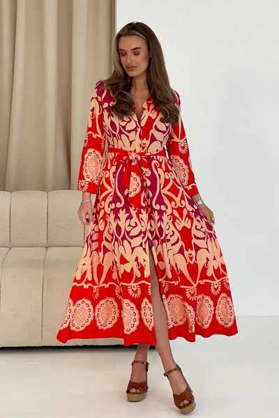 Angela Abstract Border Print Maxi Shirt Dress | Red Multi