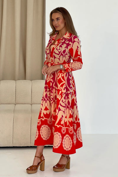 Angela Abstract Border Print Maxi Shirt Dress | Red Multi