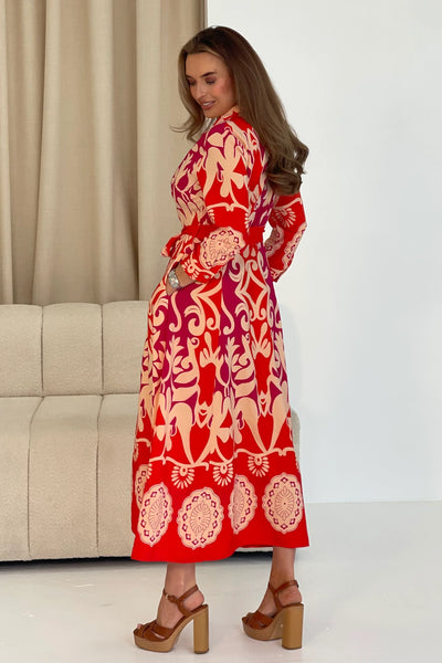 Angela Abstract Border Print Maxi Shirt Dress | Red Multi