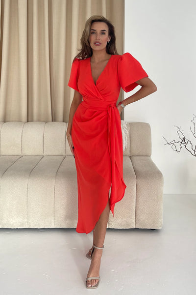 Drew Puff Sleeve Wrap Front Midi Dress | Orange