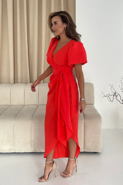 Drew Puff Sleeve Wrap Front Midi Dress | Orange