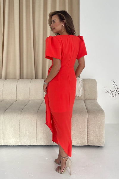 Drew Puff Sleeve Wrap Front Midi Dress | Orange