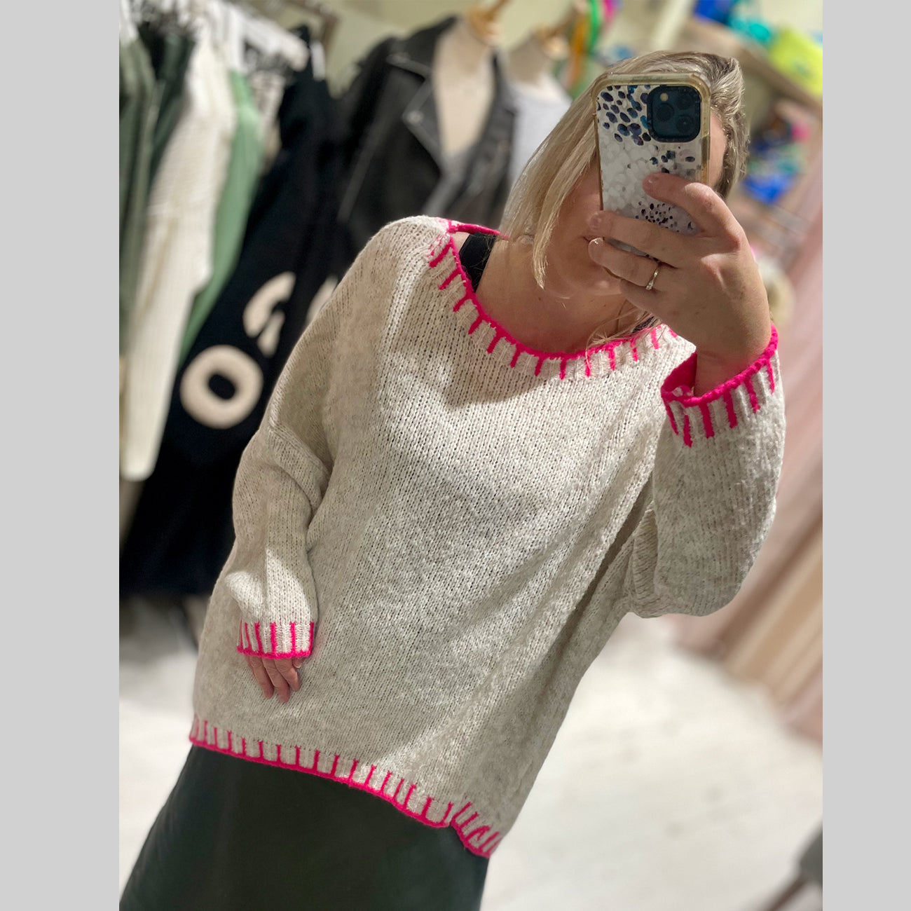 Contrast Stitch Knit Jumper | Oatmeal/Pink