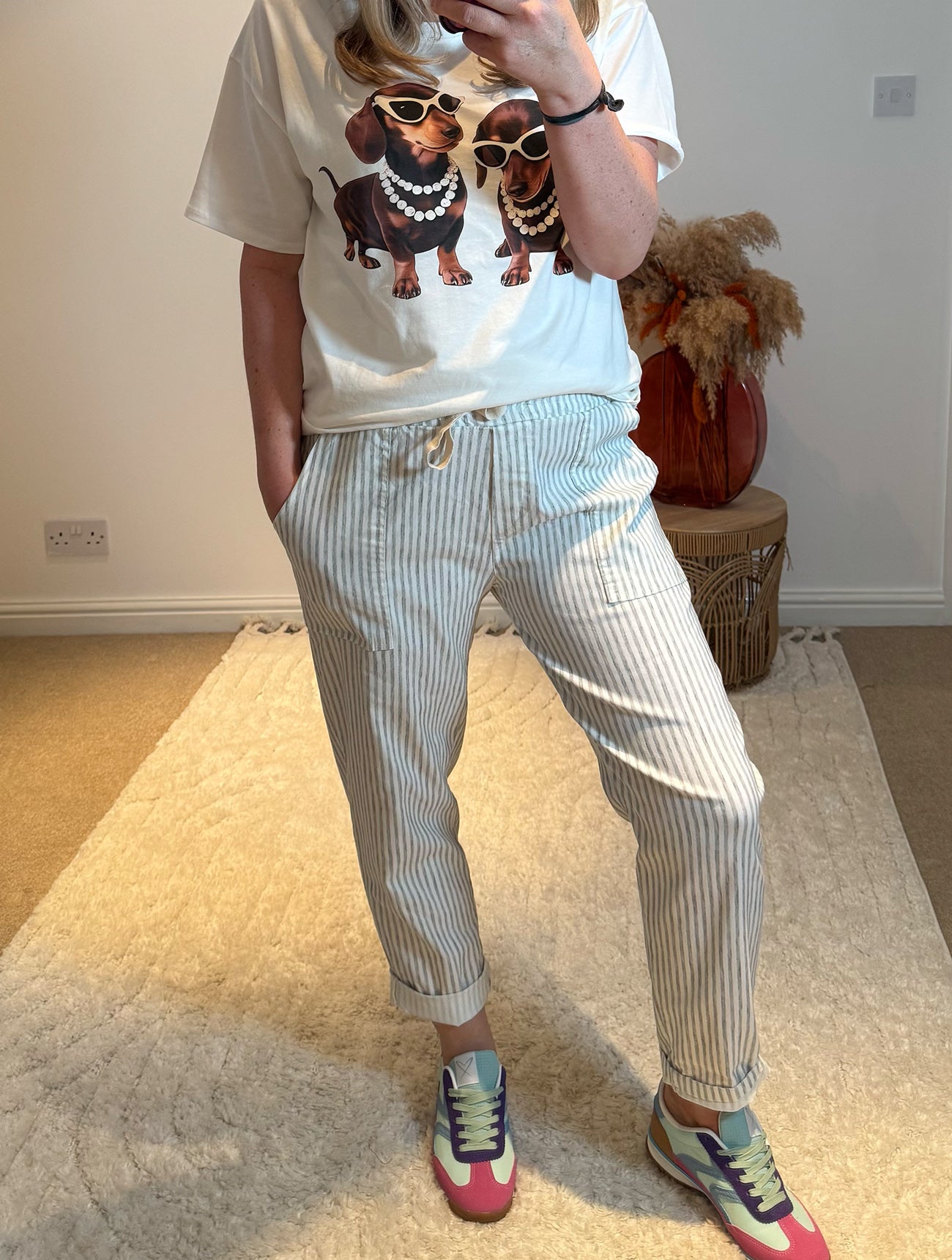 Stripe Casual Drawstring Trousers | Khaki/White