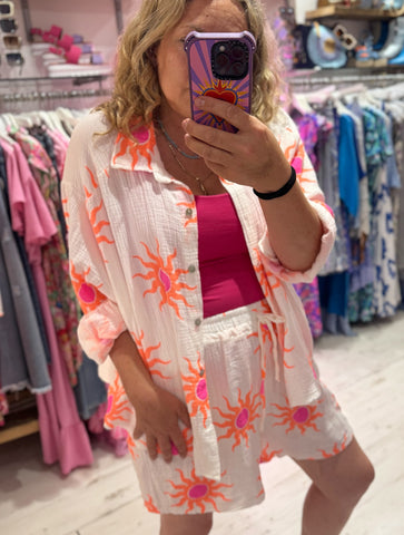Sun Print Cotton Cheesecloth Shirt | White/Orange/Pink