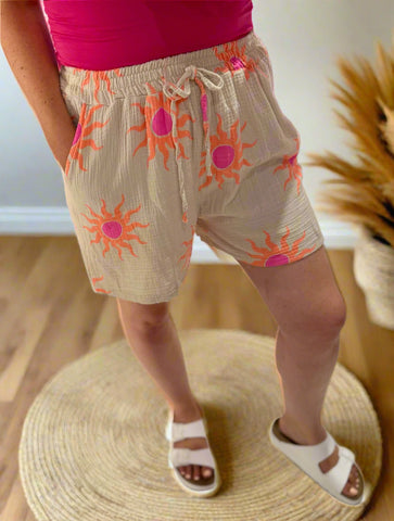 Sun Print Cotton Cheesecloth Shorts | Stone