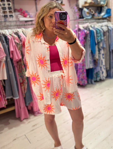 Sun Print Cotton Cheesecloth Shorts | White/Orange/Pink