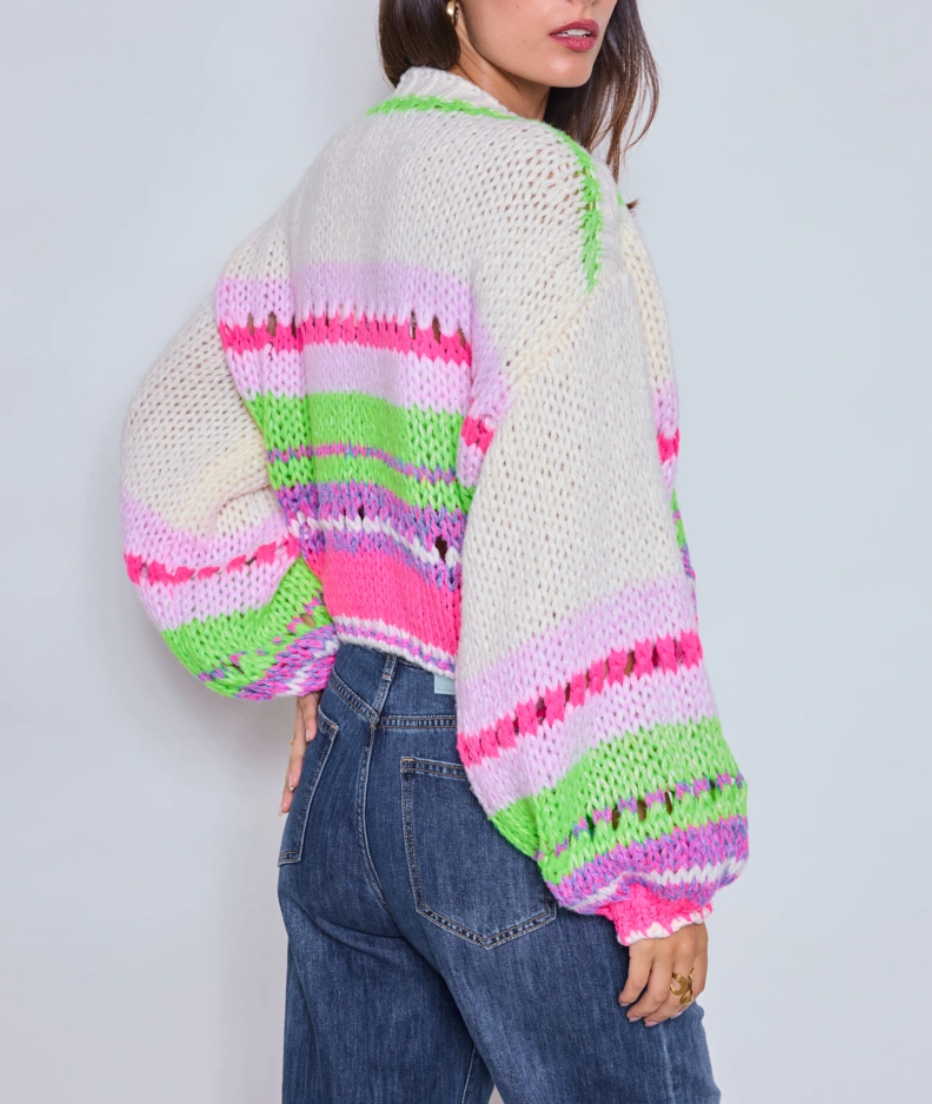 Bright Chunky Knit Striped Sweater | Lilac/Lime Multi