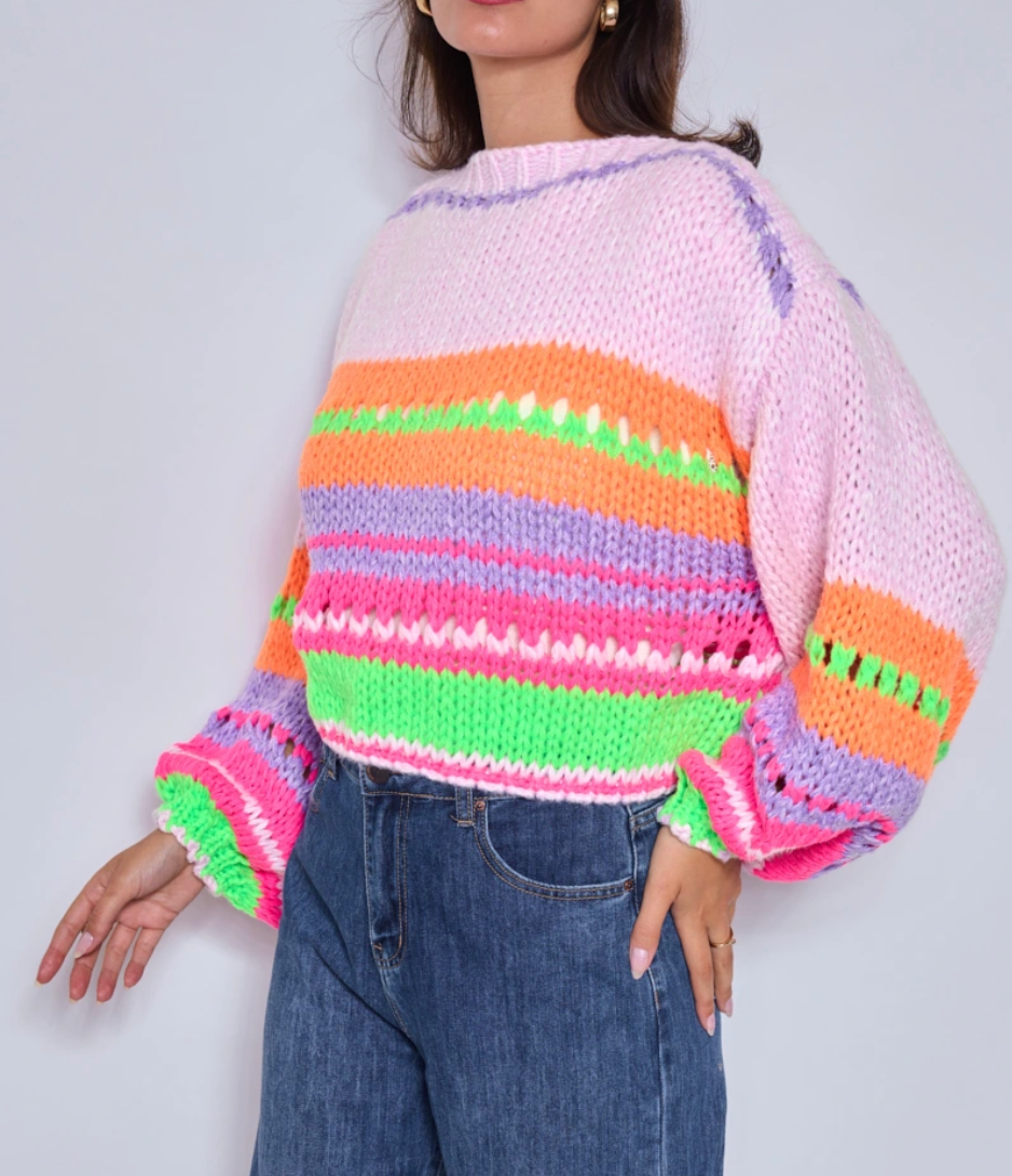 Bright Chunky Knit Striped Sweater | Pink Multi