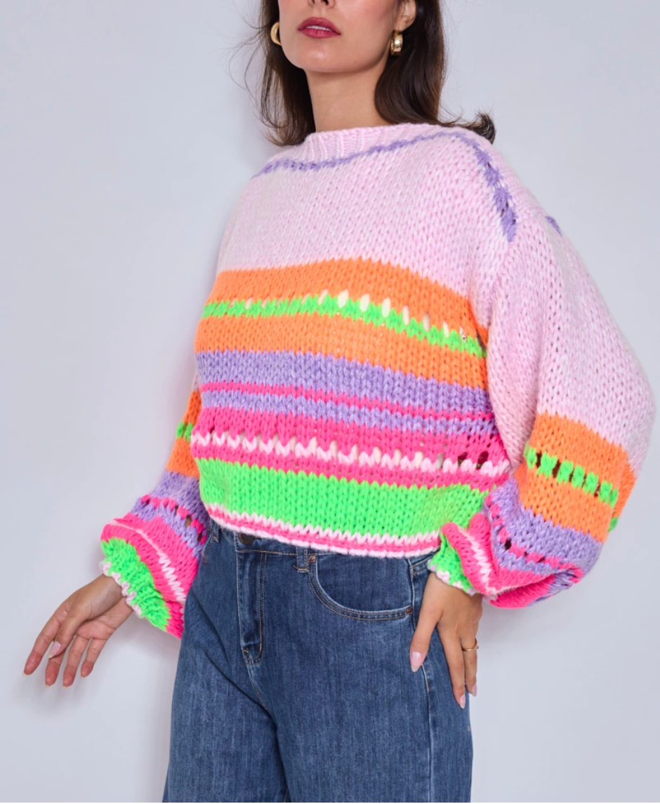 Bright Chunky Knit Striped Sweater | Pink Multi