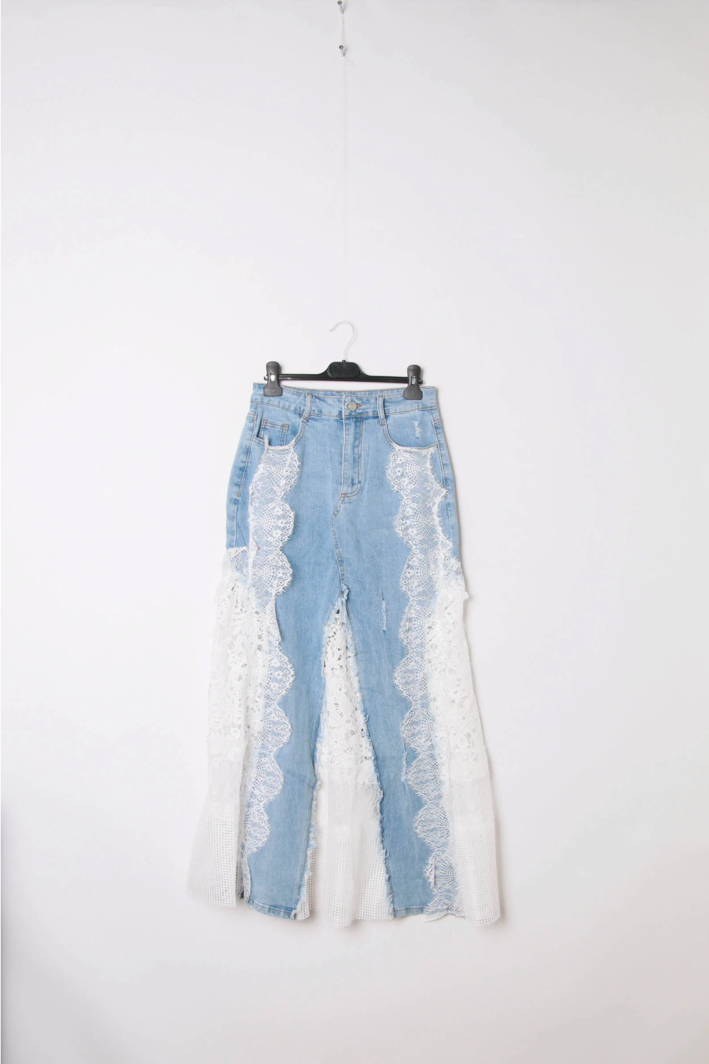 Lace Detail Denim Midi Skirt | Light Wash/White
