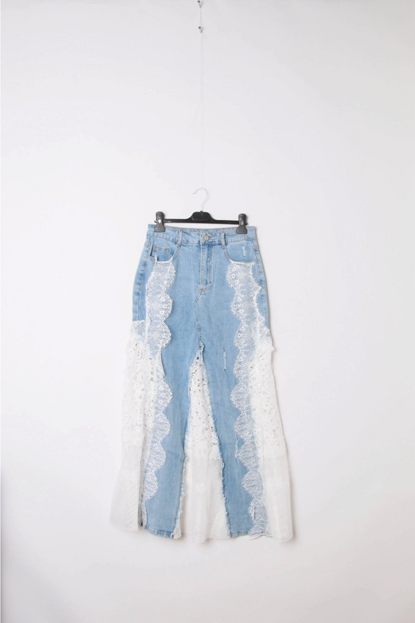 Lace Detail Denim Midi Skirt | Light Wash/White