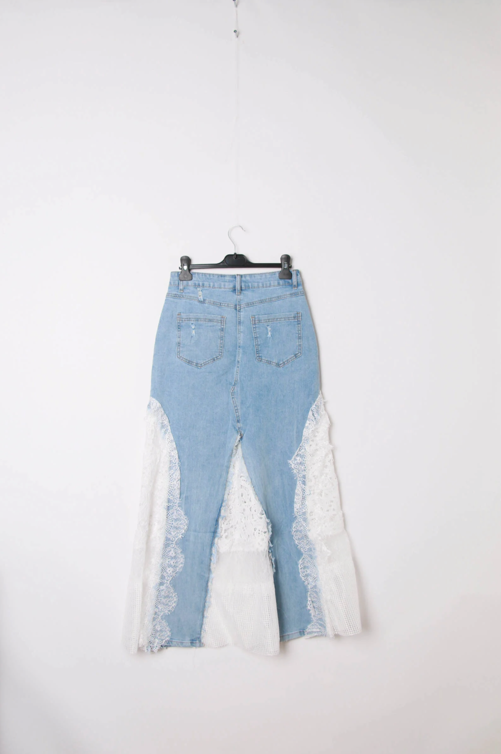 Lace Detail Denim Midi Skirt | Light Wash/White