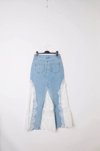 Lace Detail Denim Midi Skirt | Light Wash/White