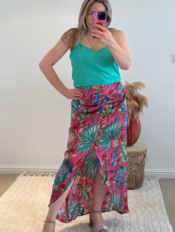 Thea Split Front Maxi Skirt | Fuchsia Tropical Print
