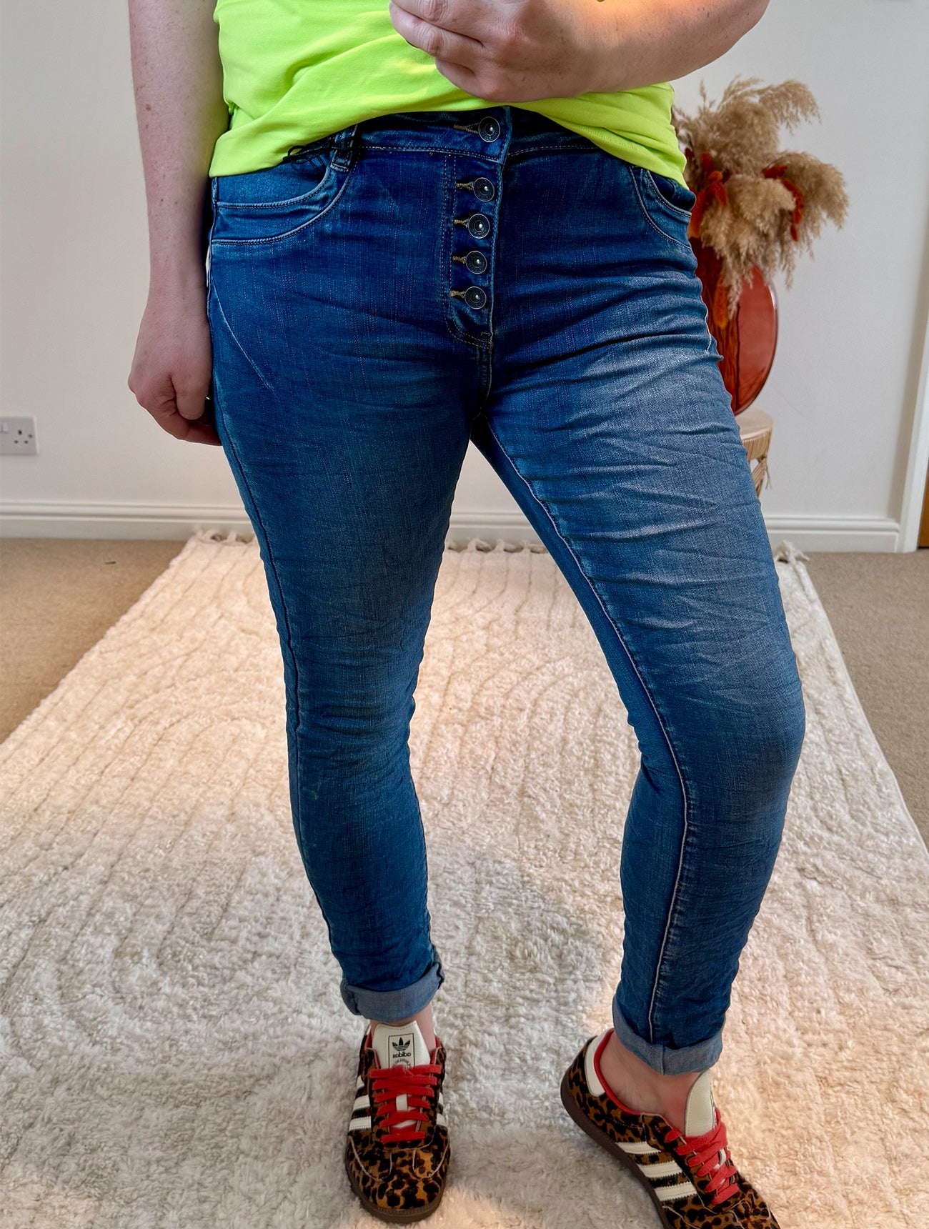 Slim Leg Crinkle Effect Exposed Button Jeans | Blue