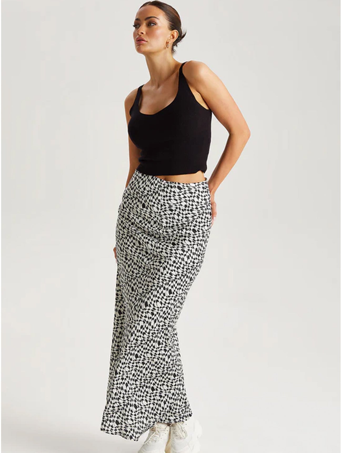 Monochrome Geometric Satin Midaxi Skirt | Black and White