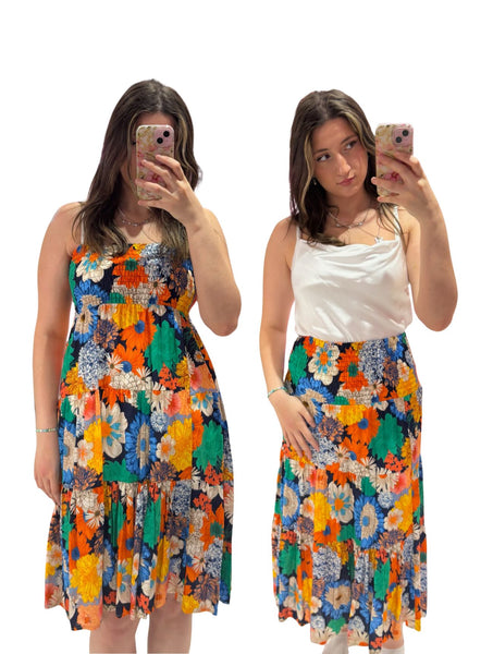 Louisa Printed 2-in-1 Dress and Skirt | Retro Flowers Navy Multi