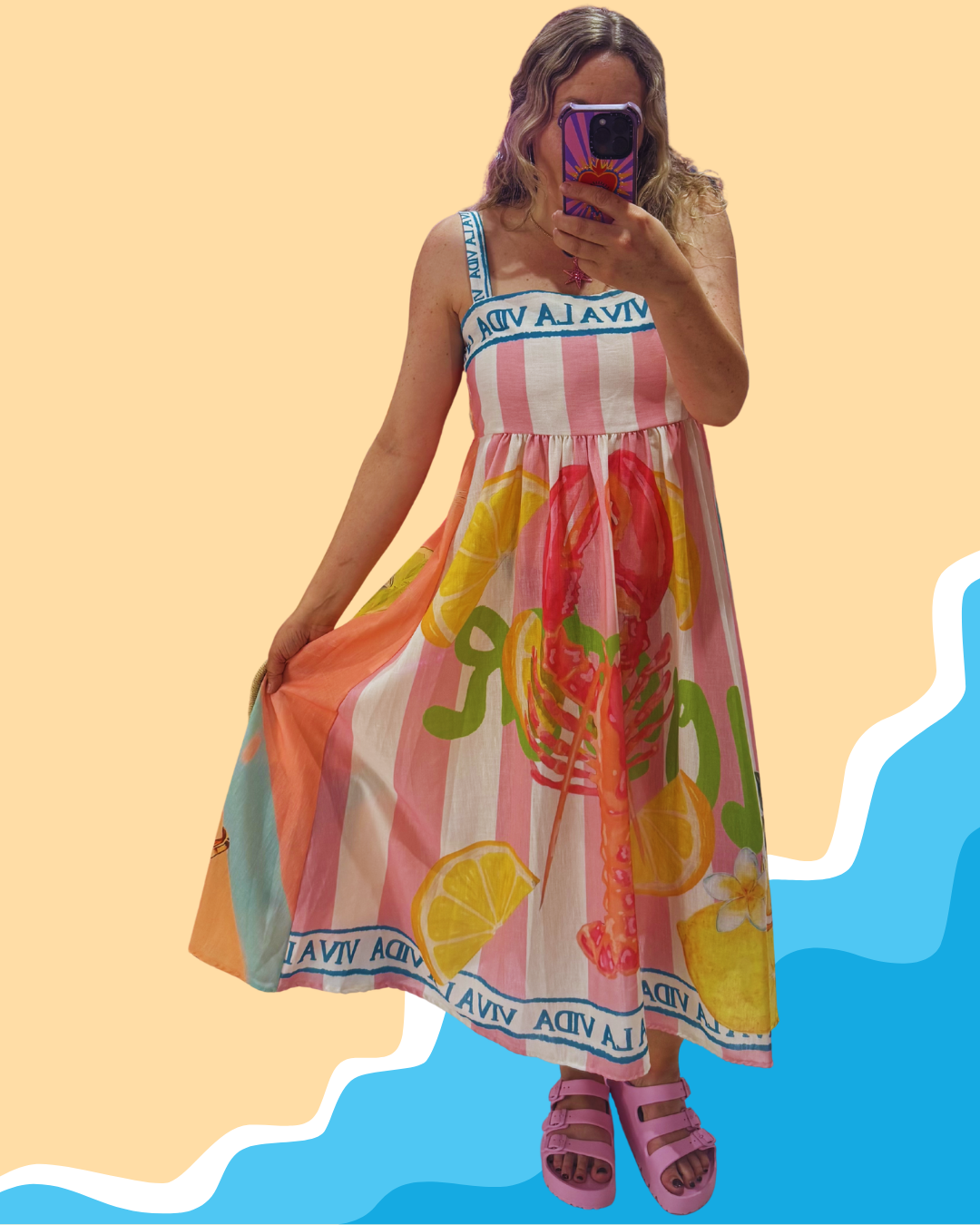 Colourful Lobster Design Midi Dress | Pink/Yellow