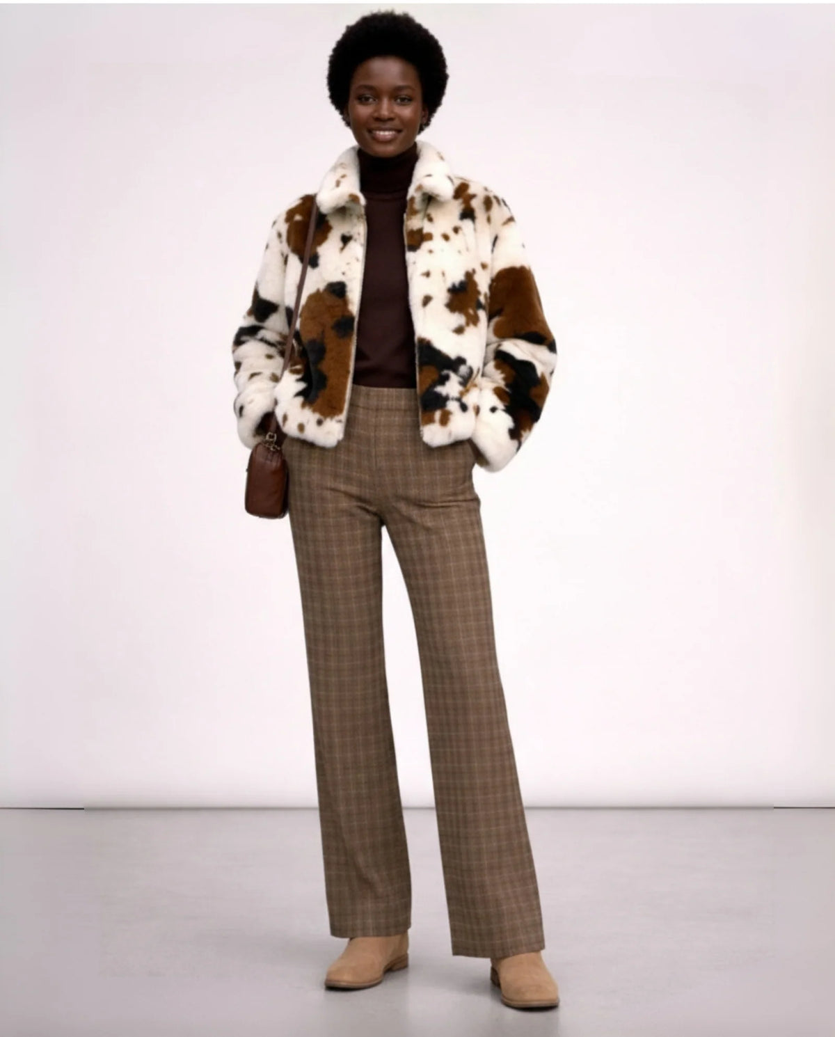 Alice Collins | Connie Faux Fur Cow Print Jacket | Natural