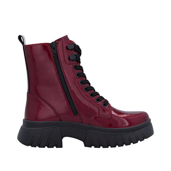 Rieker Sport | W1870-35 Chunky Lace Up Boot | Patent Cherry Red