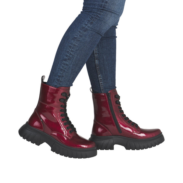 Rieker Sport | W1870-35 Chunky Lace Up Boot | Patent Cherry Red