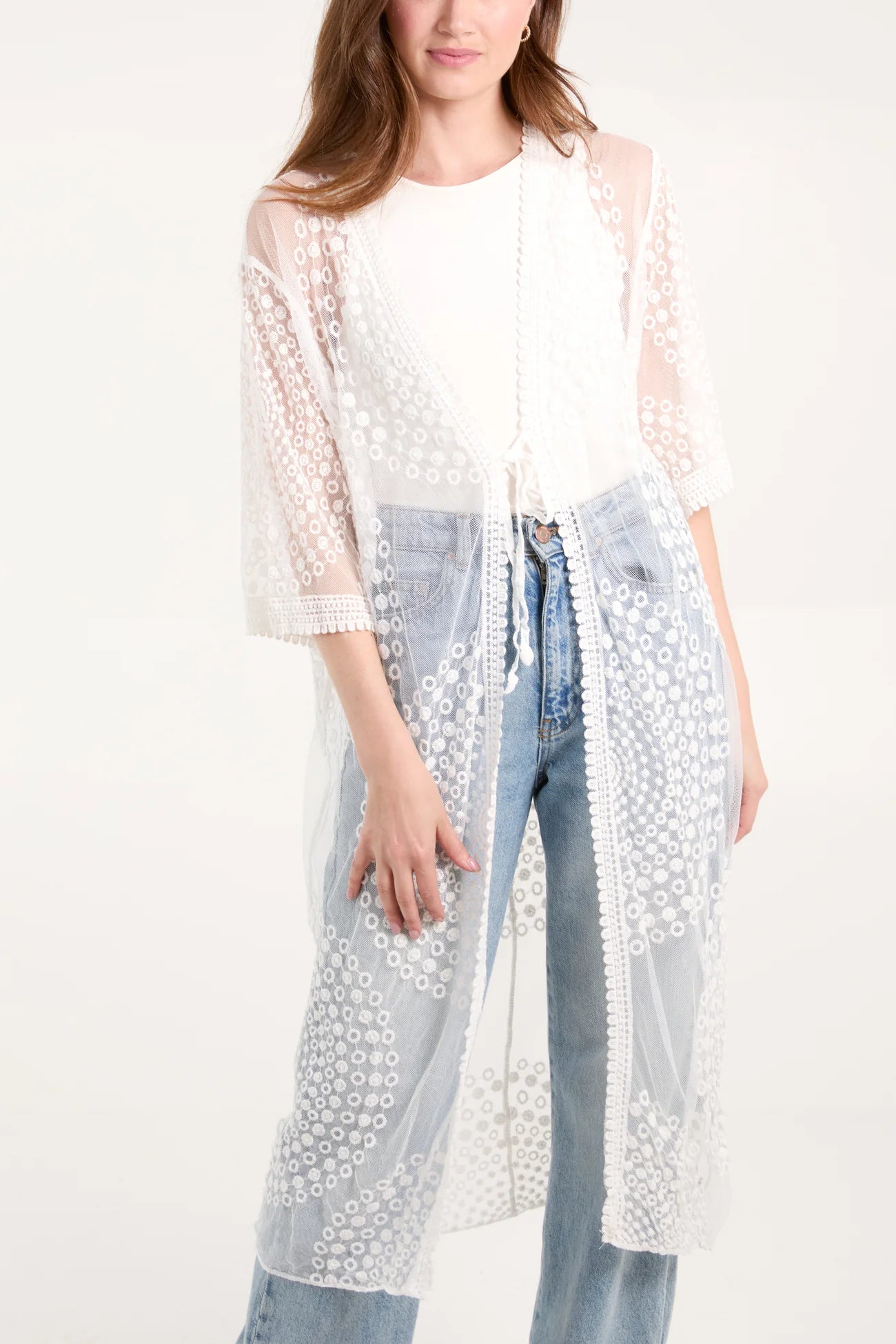 Geo Detail Lace Kimono | Ivory