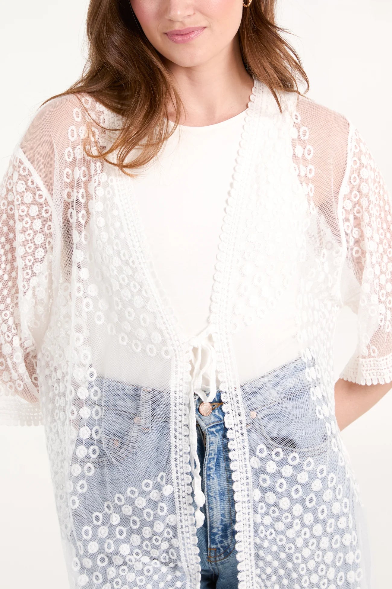 Geo Detail Lace Kimono | Ivory