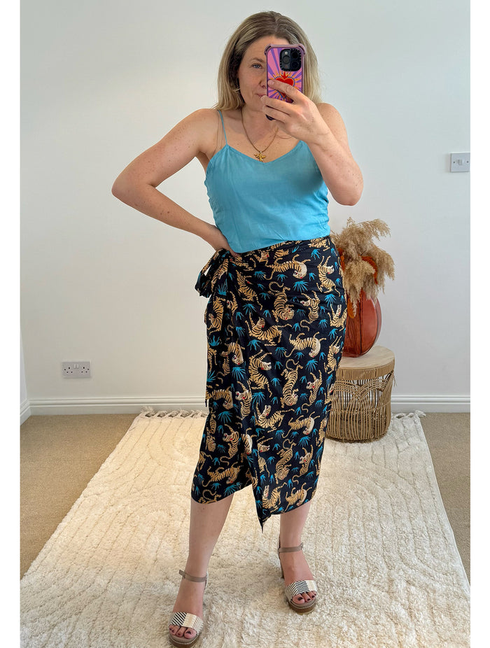 Tiger Print Cotton Wrap Midi Skirt | Black Multi