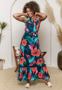 Tropical Print Halterneck Keyhole Maxi Dress | Multi