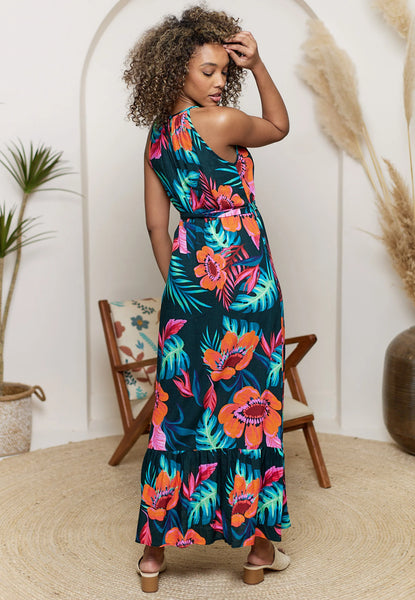 Tropical Print Halterneck Keyhole Maxi Dress | Multi