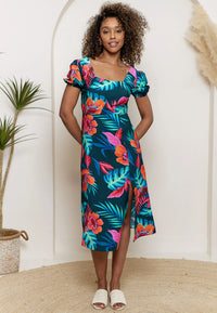 Tropical Print Square Neck Puff Sleeve Midi Dress | Multi