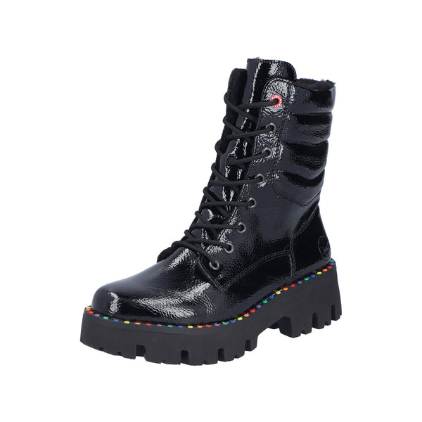 Rieker | Y3330-00 Chunky Patent Lace Up Boot | Black