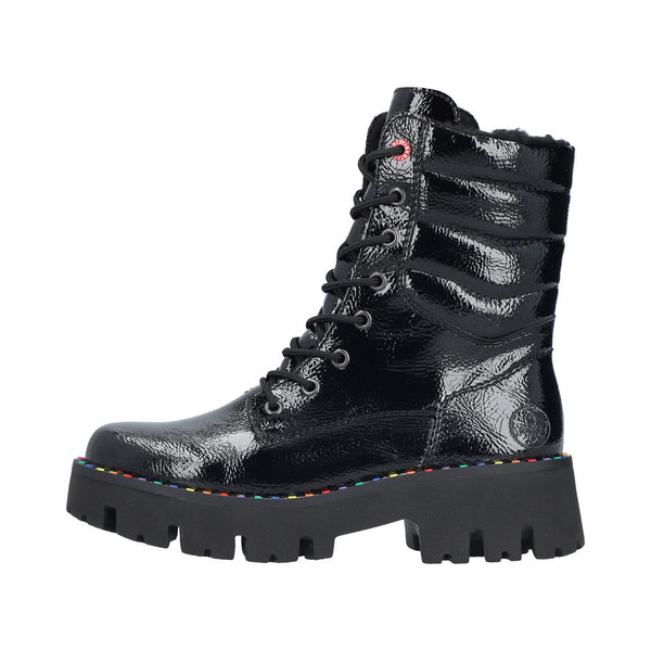 Rieker | Y3330-00 Chunky Patent Lace Up Boot | Black