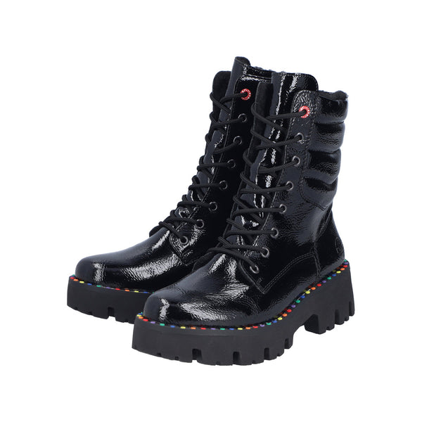 Rieker | Y3330-00 Chunky Patent Lace Up Boot | Black