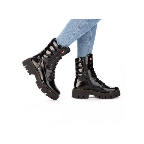 Rieker | Y3330-00 Chunky Patent Lace Up Boot | Black