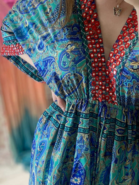 Indian Silk Kimono Sleeve Maxi Dress | Green/Blue