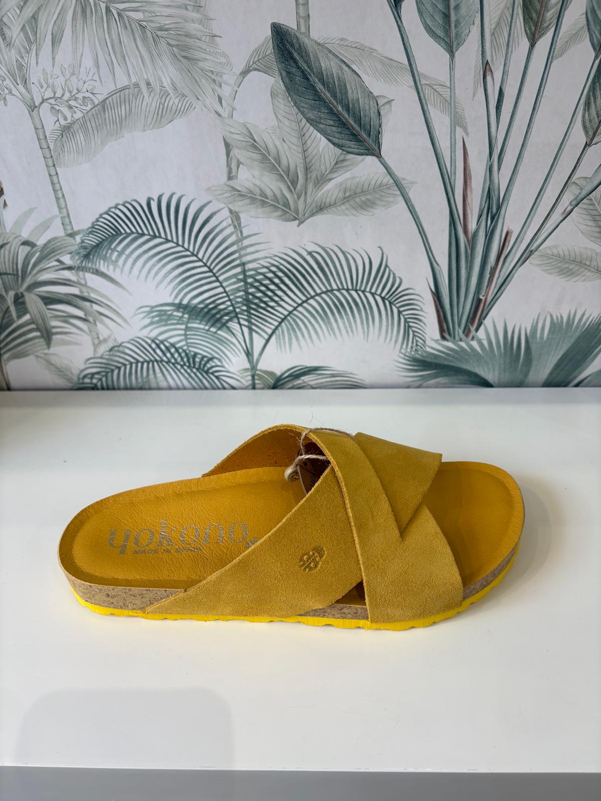 Yokono | ONLY-300 | Suede Cross Strap Slip On Sandal | Mustard Yellow
